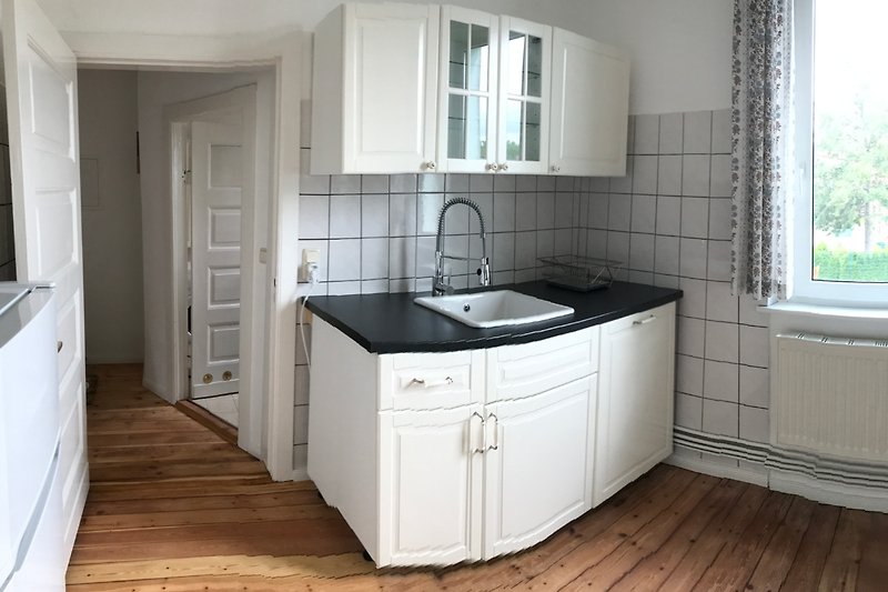 Küche Bild 1 - linke Arbeitsplatte mit Waschbecken, Geschirrspüler und ganz links Kühlschrank mit grossem Gefrierfach