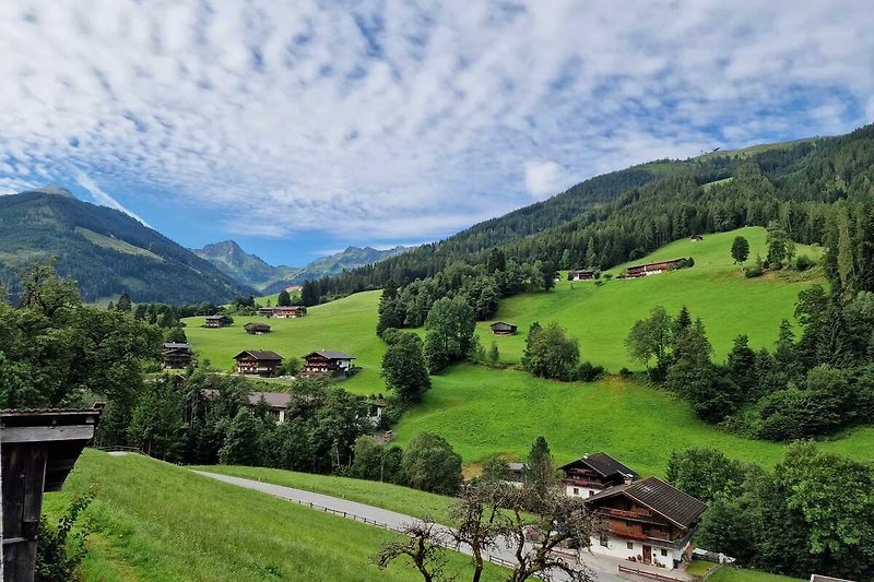 Gemütliches Ferienhaus mit malerischem Bergblick und grüner Landschaft.