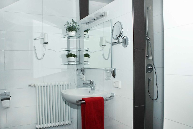 Badezimmer mit Spüle, Spiegel und Dusche in einem modernen Haus.