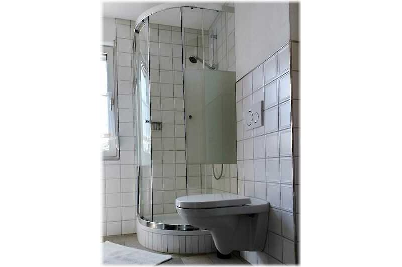 Moderne Badezimmereinrichtung mit Dusche, Toilette im OG.