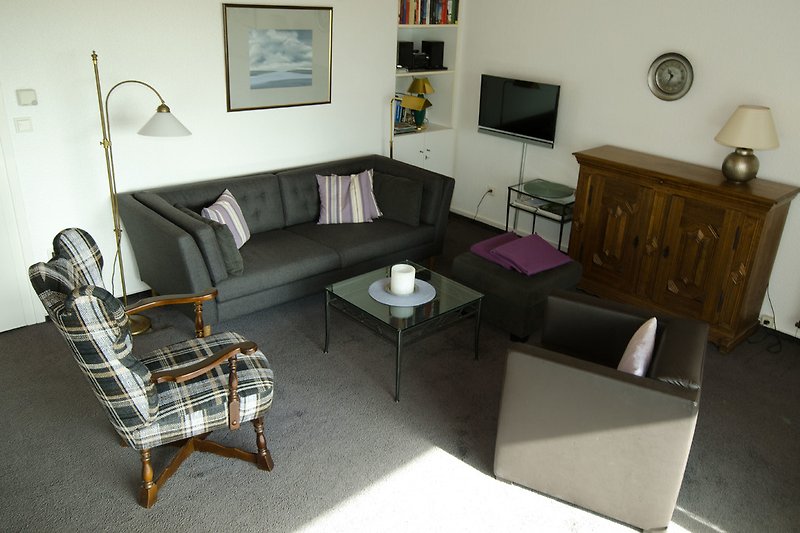 Living room with hi-fi, satellite HD TV, books.