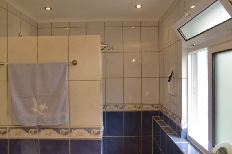 Badezimmer mit geräumiger Dusche und Fliesenboden.