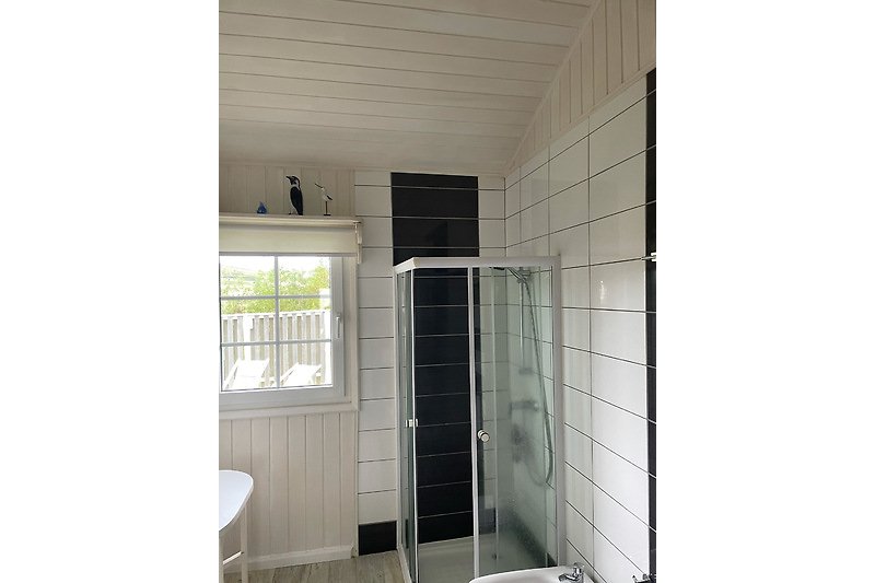 Helles Badezimmer mit modernen Fliesen und Glasdusche.
