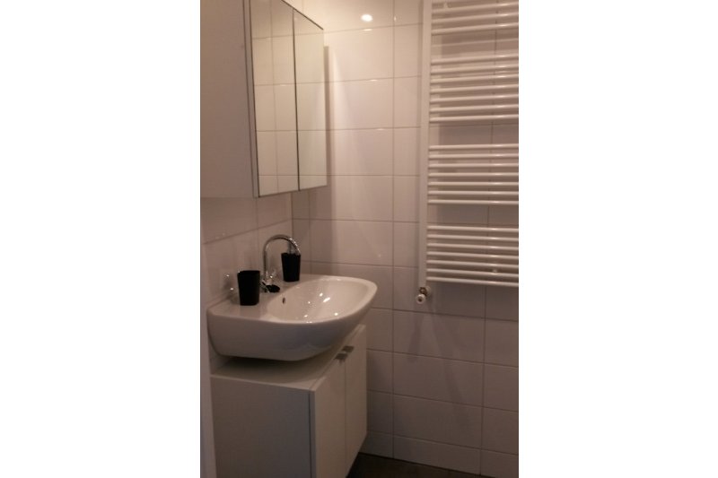 Schönes Badezimmer mit Holzboden, Keramikwaschbecken und Spiegel.