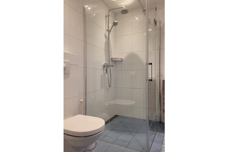 Modernes Badezimmer mit Dusche, Toilette und Fliesen.