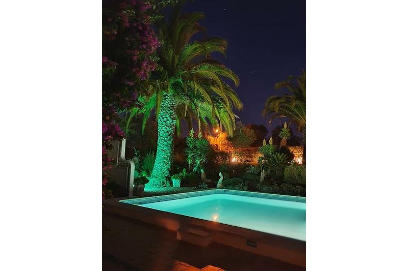 …romantischer Abend am beleuchteten Garten und beleuchtetem Pool