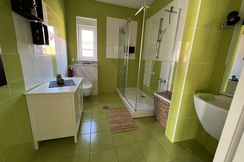 Badezimmer mit moderner Dusche und elegantem Design.