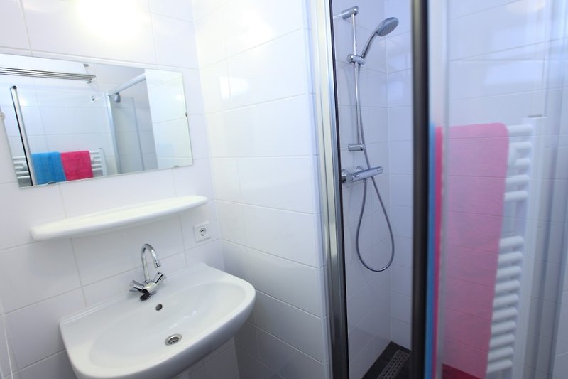 Schönes Badezimmer mit lila Akzenten und moderner Dusche.