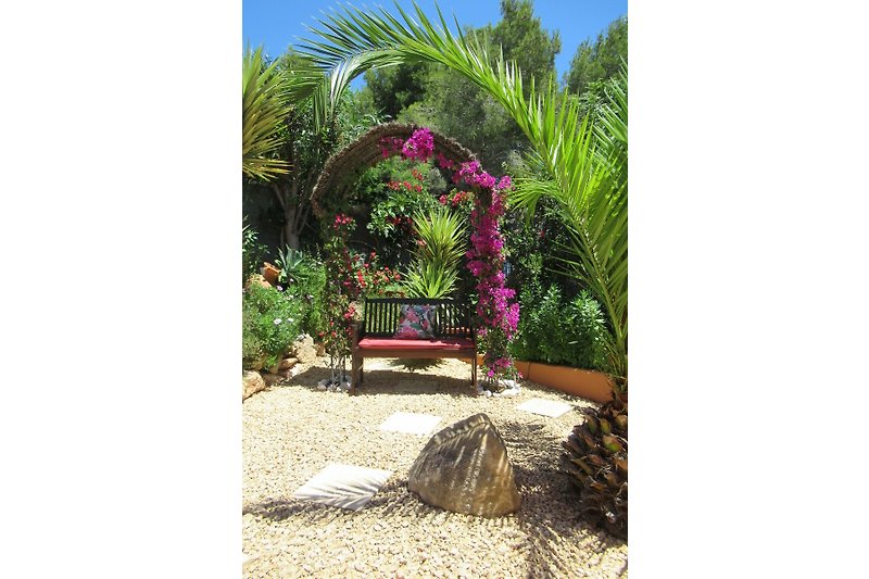 A tropical garden with palm trees, colorful flowers, and a charming bench to sit on.