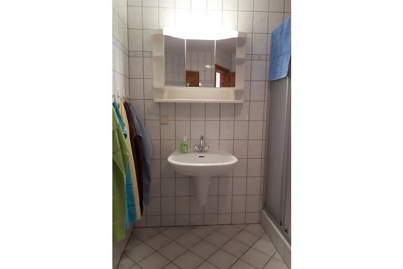 Modernes Badezimmer mit Fliesen, Spiegel und Waschbecken.