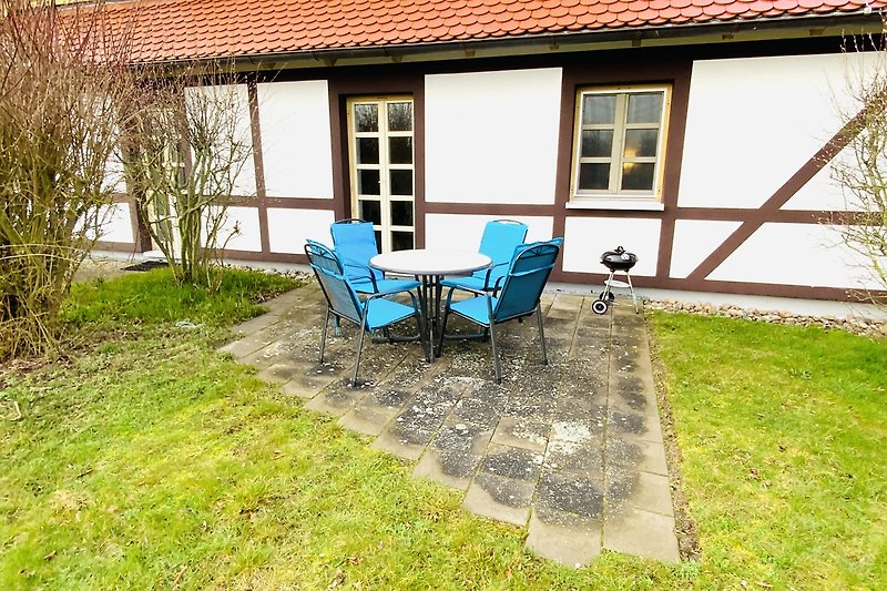 Garten mit Stühlen, Pflanzen und Holzhaus.