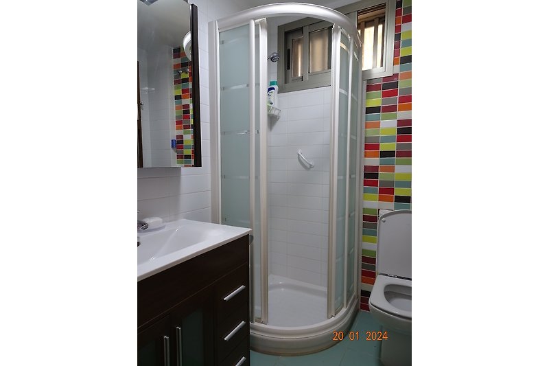 Mooie badkamer (ensuite) met lavabo, wc, douche, handdoekdroger en verwarming
