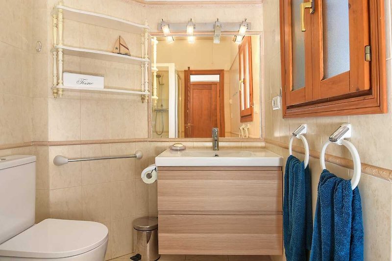Prachtige badkamer met blauwe douche, houten deur en glazen douchewand.