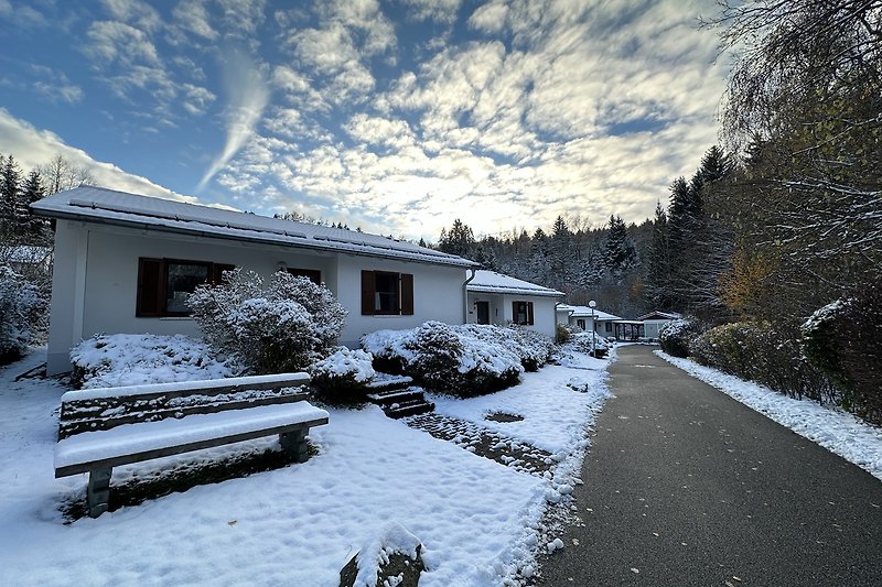 Ein winterliches Haus mit Schnee, Holz und einem gemütlichen Garten.