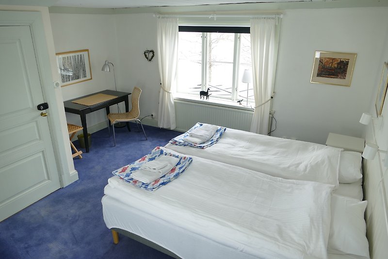 A modern room with comfortable feel. Double room with 2 single beds, lake view and armchair.
