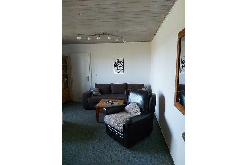 Gemütliches Wohnzimmer mit bequemer Couch (Schlafsofa) und Fernsehsessel