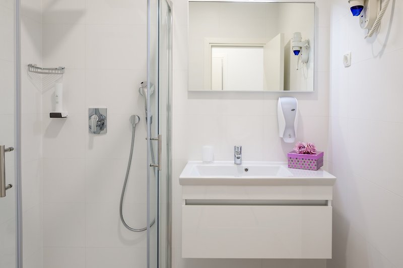 Badezimmer 3: Duschkabine, WC (nicht abgebildet), Handwaschbecken, Stauraum, Föhn, Spiegel, Seifen- und Duschgelspender