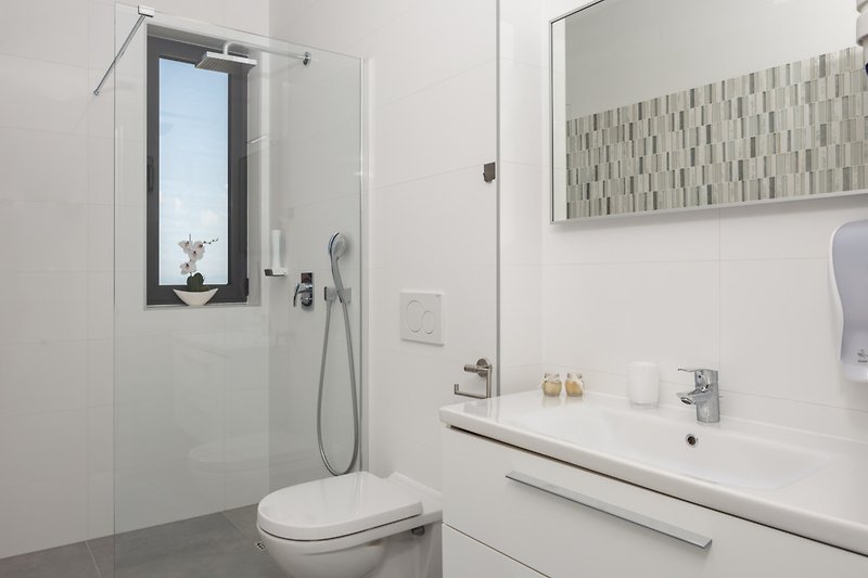 Badezimmer 1: Dusche mit Meerblick, WC, Handwaschbecken, Stauraum, Föhn, Spiegel, Seifen- und Duschgelspender