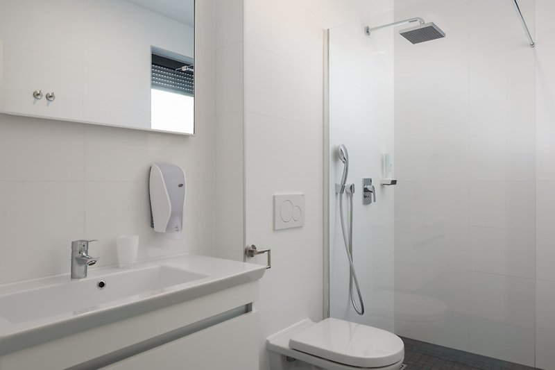 Badezimmer 2:  WC, Handwaschbecken, Stauraum, Föhn (nicht abgebildet), Spiegel, Seifen- und Duschgelspender
