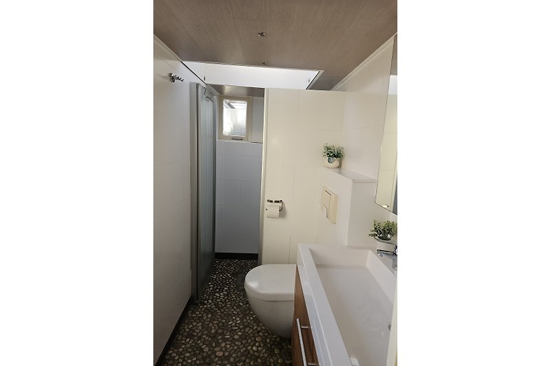 badkamer voorzien van badmeubel met 2 grote laden ,toilet en douche