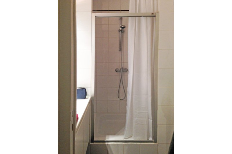 Moderne Badezimmerausstattung mit Dusche, Badewanne und stilvollen Armaturen.