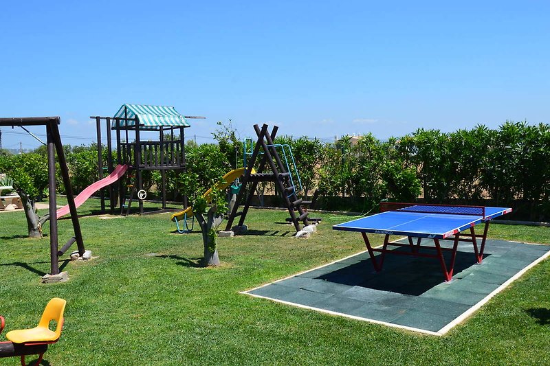 Enjoy the outdoors with a playground, ping pong table, and outdoor furniture in this picturesque landscape.