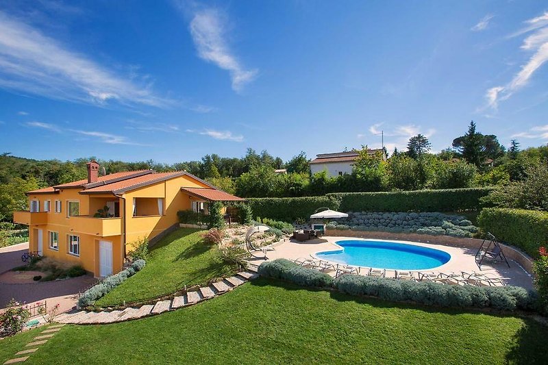 Una vista panoramica di una lussuosa villa con piscina e giardino ben curato.