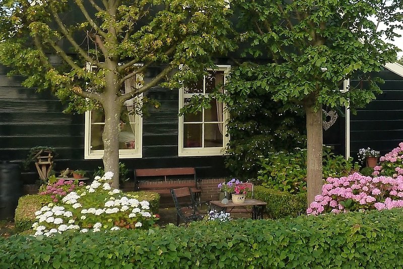 Gemütliches Haus mit blühenden Pflanzen und grüner Landschaft.