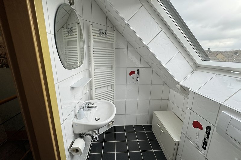 Badezimmer 2 mit Spiegel, Armatur  und Wandheizung sowie kleinen Schrank.