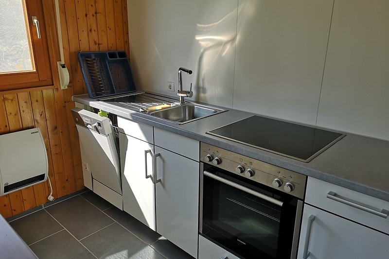 Moderne Küche mit hochwertigen Geräten, im Bild Spülmaschine und Backofen und Kochfeld.