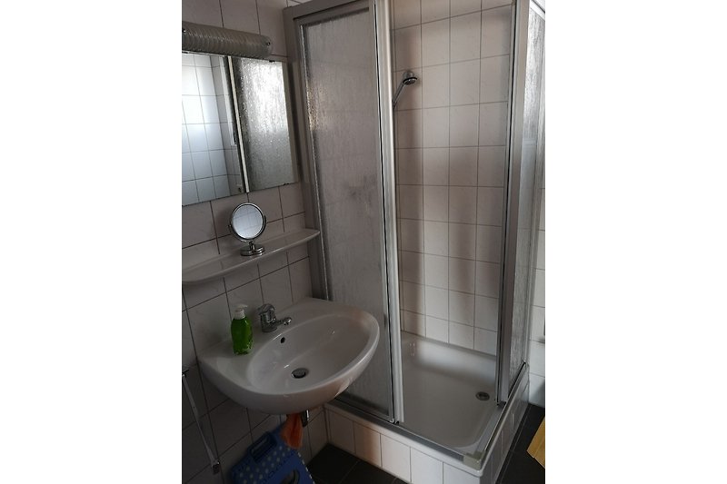 Badezimmer mit Waschbecken, Dusche, Spiegel und Fliesen.