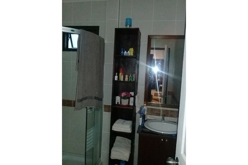 Badezimmer mit Spiegel, Waschbecken und Regal.