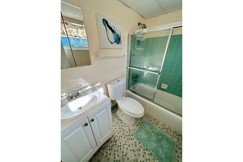 Badezimmer mit Badewanne, Dusche, Toilette und Spiegel.
