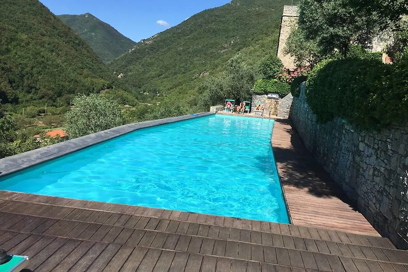 Refreshing swimming pool with mountain backdrop.