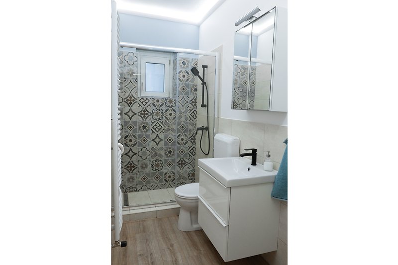 Apartment 2. Modern bathroom with stylish fixtures, glass shower, and ceramic sink.