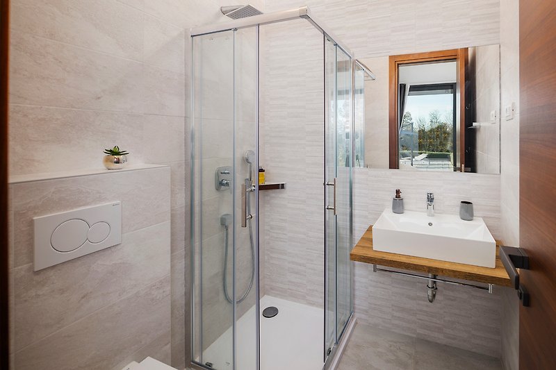 Modern bathroom with sleek fixtures, glass shower door, and stylish sink.