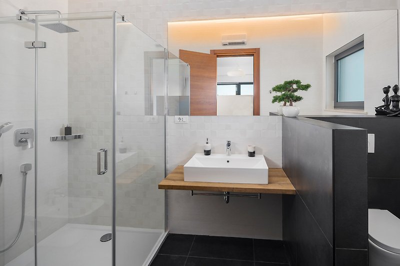 Modern bathroom with sleek fixtures, glass shower door, and stylish sink.