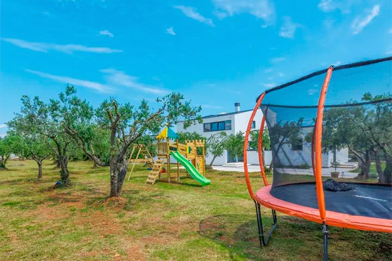 Vibrant playground with lush greenery and fun outdoor play equipment.
