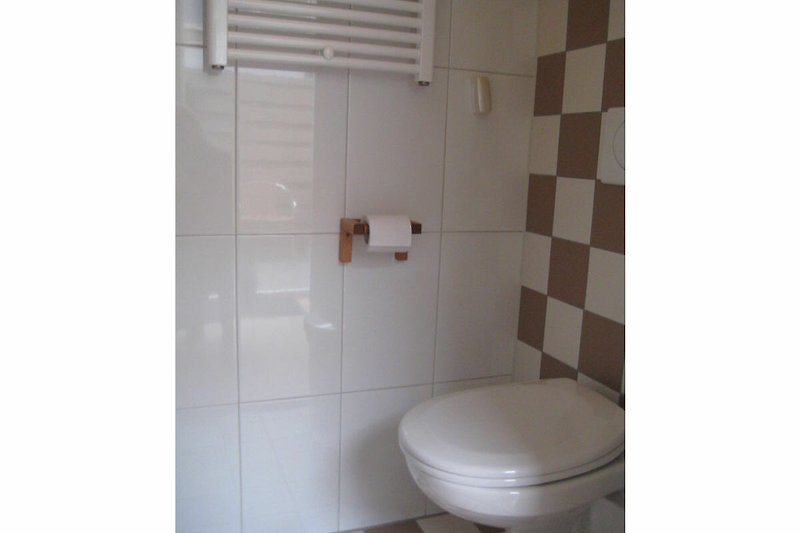 Moderne badkamer met toilet en keramische tegels.