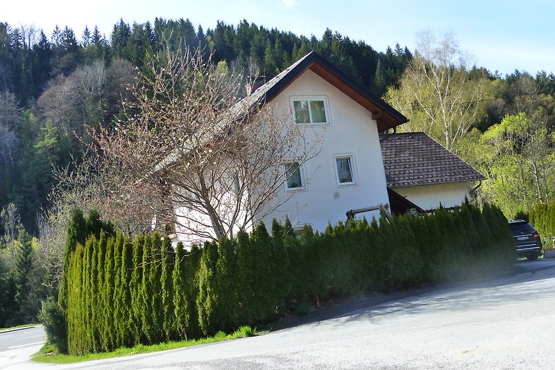Ländliches Haus mit grünem Garten und Berglandschaft.