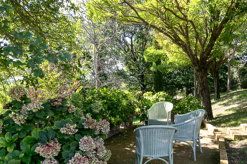 Relax in a blooming garden with outdoor furniture.
