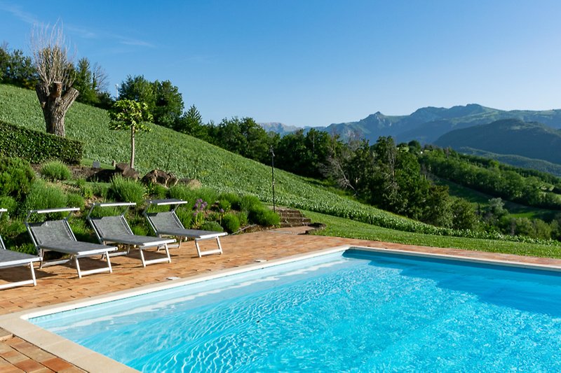 Stunning mountain view with a lush garden and a sparkling swimming pool.
