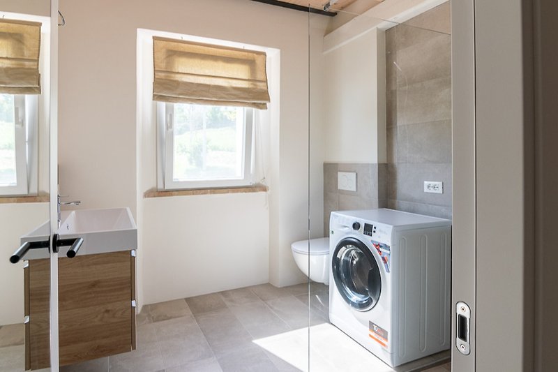 Modern laundry room with gas appliances, wood fixtures, and natural light.