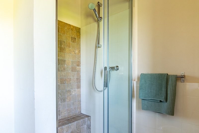 Modern bathroom with glass shower, metal fixtures.