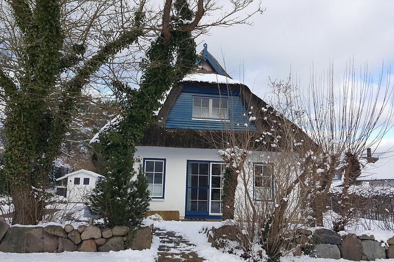 Winterliche Hütte mit Schnee, Holz und frostigem Garten.