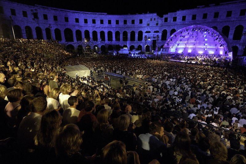 Live-Musik-Event in der Stadt: Bühne, Publikum, Konzert, Musik, Spektakel.