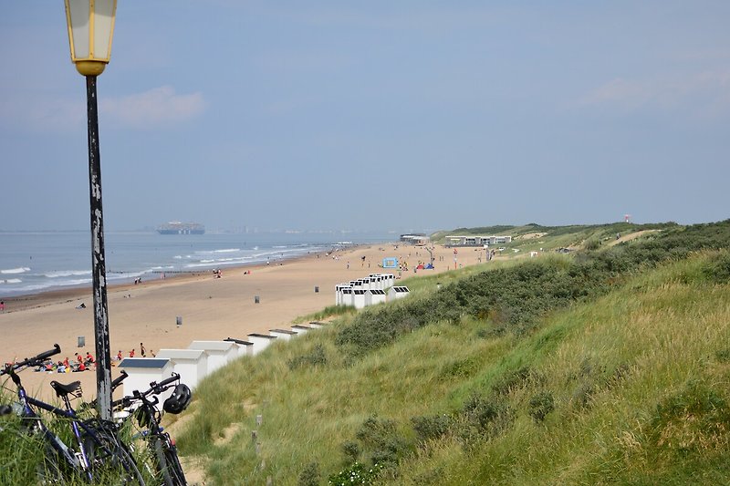 Fahrrad am Strand mit Meerblick und Küstenlandschaft.