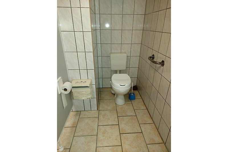 Behindertentoilette mit Keramikspülung und Toilettenpapierhalter.