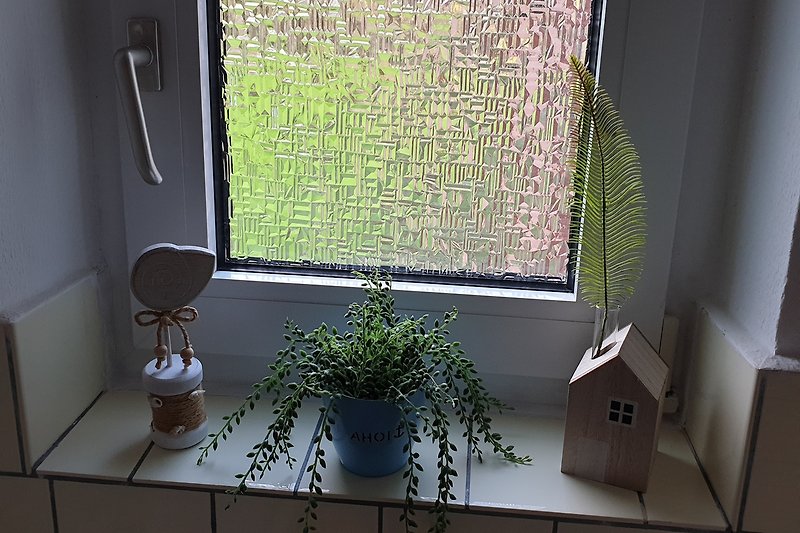Fenster mit Blumentopf und Holzhausdetails.
