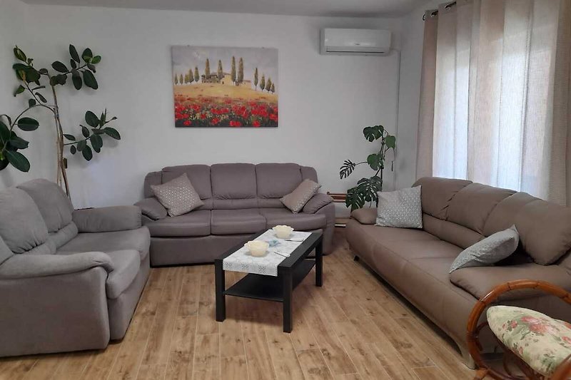 Stilvolles Wohnzimmer mit bequemer Couch und Pflanzen.